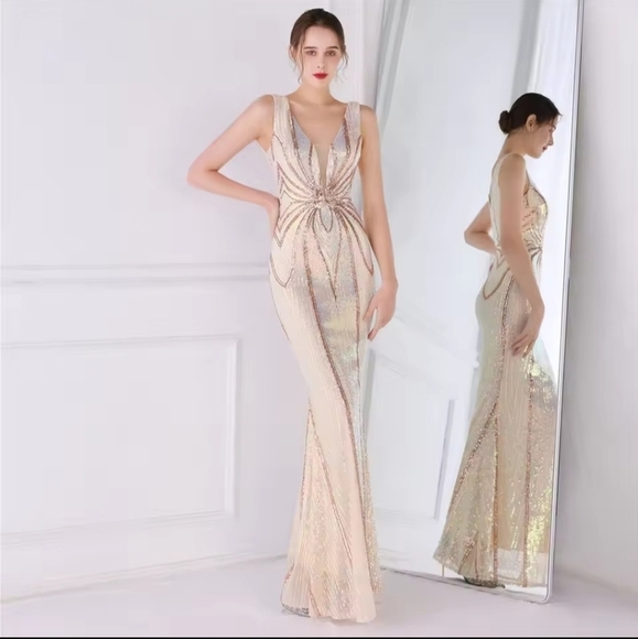 Champagne and Gold,  V Neck,  Striped,  Contrast Sequined Mermaid Gown - Picture 8 of 13